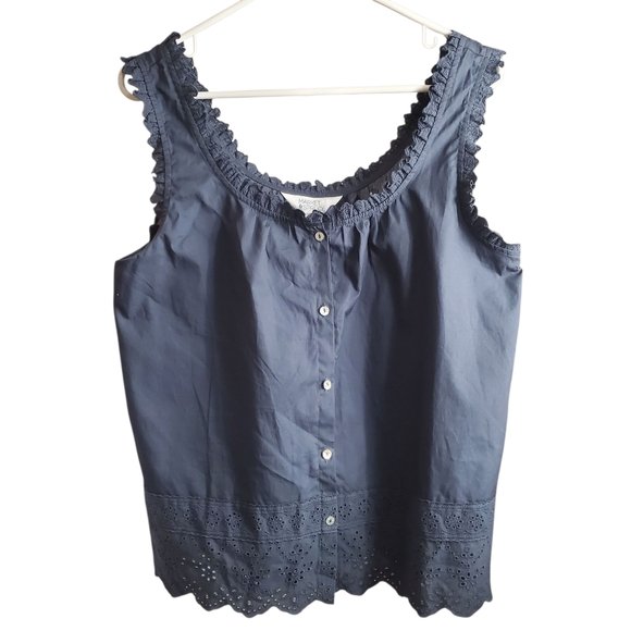 Scalloped Lace Hem Sleeveless Button Front Top Cottagecore Boho 100% Cotton - Picture 1 of 8